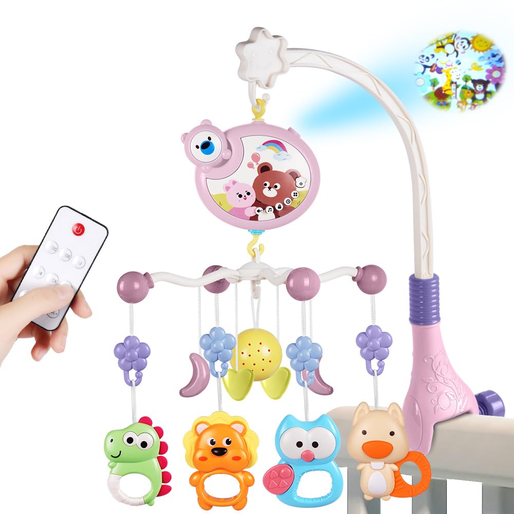 Aolso Baby Crib Mobile with Music, Lights, Projector and Remote Control - Cot Mobile Toy for Boys & Girls (Pink)