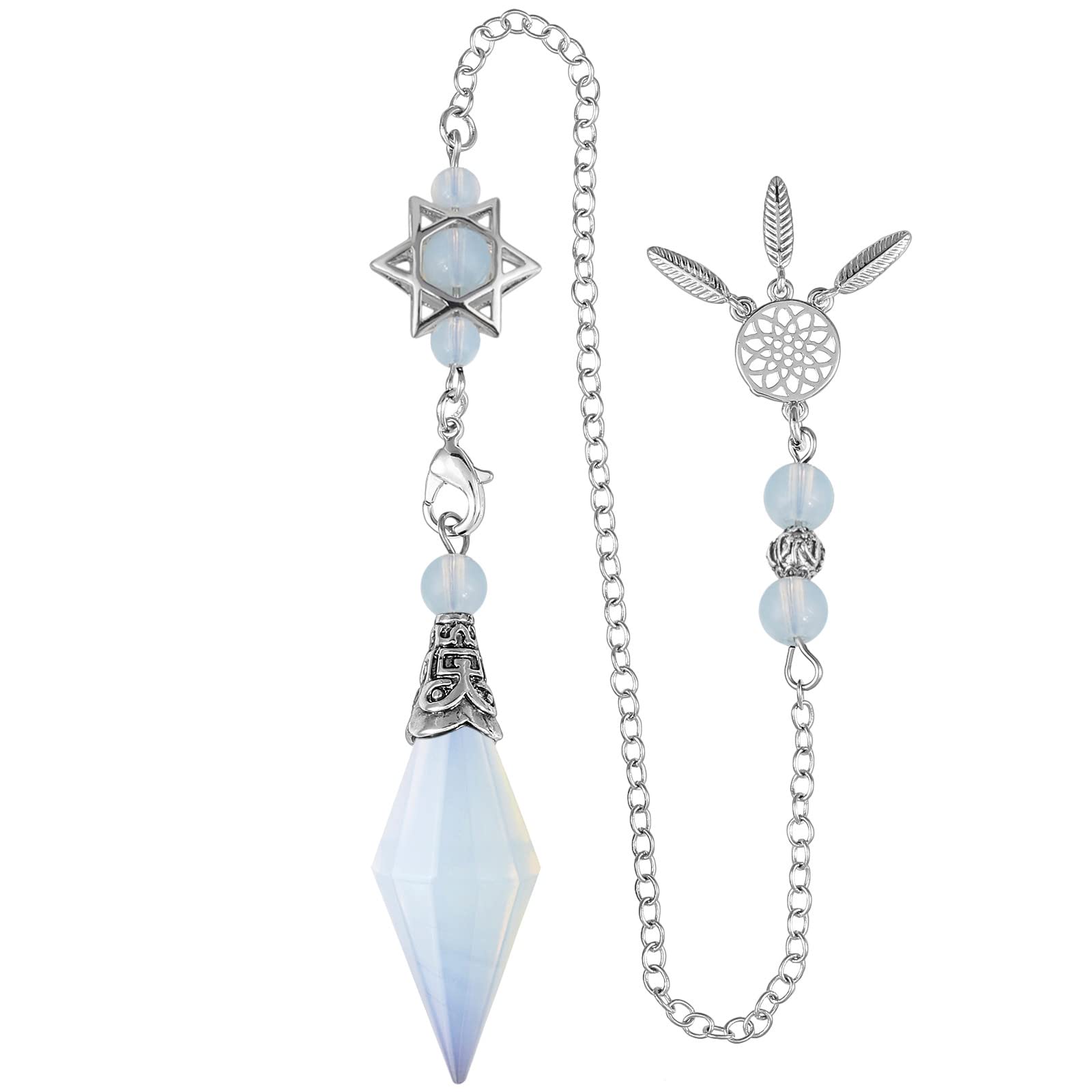 Nupuyai Opalite Crystal Stone Point Pendulum for Divination Scrying Dowsing, Healing Stone Pendulum with Merkaba Star Dream Catcher Chain