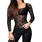 EHSUYAB Women's Sexy Vintage Top, Snap Crotch, Floral Lace Sheer Bodysuit