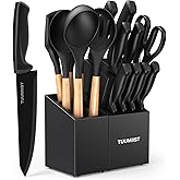 Knife Set, TUUMIIST 18PCS Black Kitchen Set - Knife Set with Block and Sharpener & Kitchen Utensils Set & Removable Utensil H