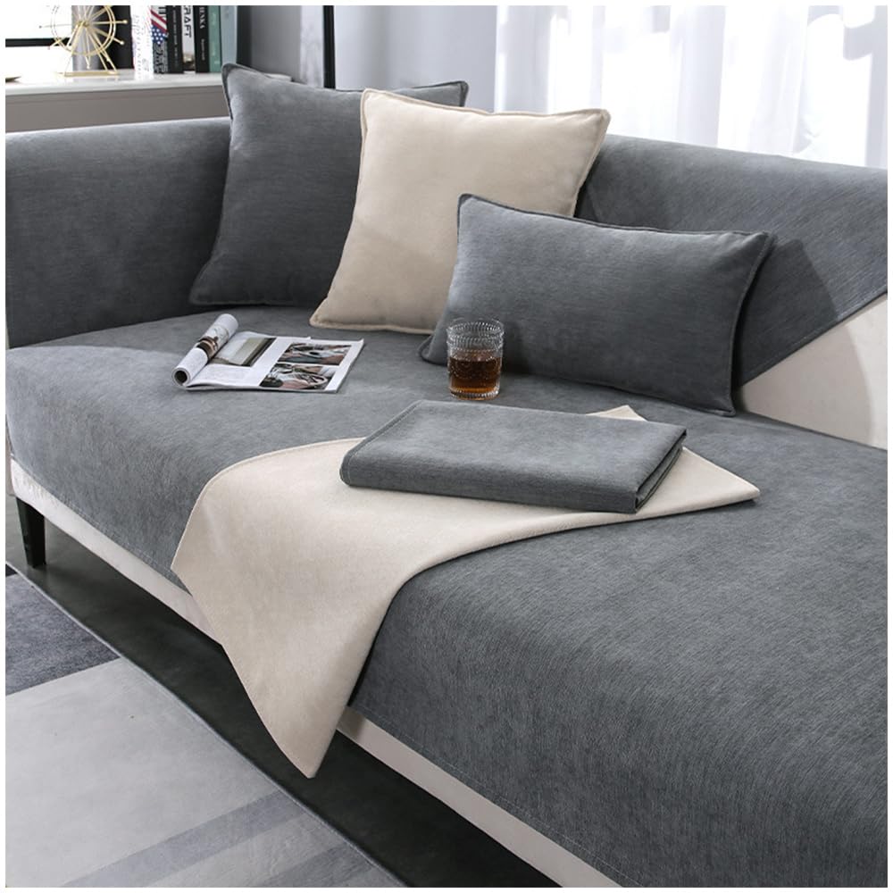 NUODWELL Soft Chenille Sofa Cover 1/2/3/4 Seater, Non-Slip Corner L Shape Sofa Slipcovers Thick Textured Sofa Cushion Covers Washable Furniture Protector for Living Room (Light Grey, 90x90cm)