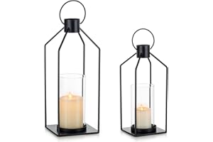 Nuptio Decorative Lantern Candle Holder: 2 Pcs Glass Hurricane Pillar Candles Holders Rustic Black Metal Hanging Lanterns Decor for Outdoor Wedding Farmhouse Home Fireplace Christmas Halloween