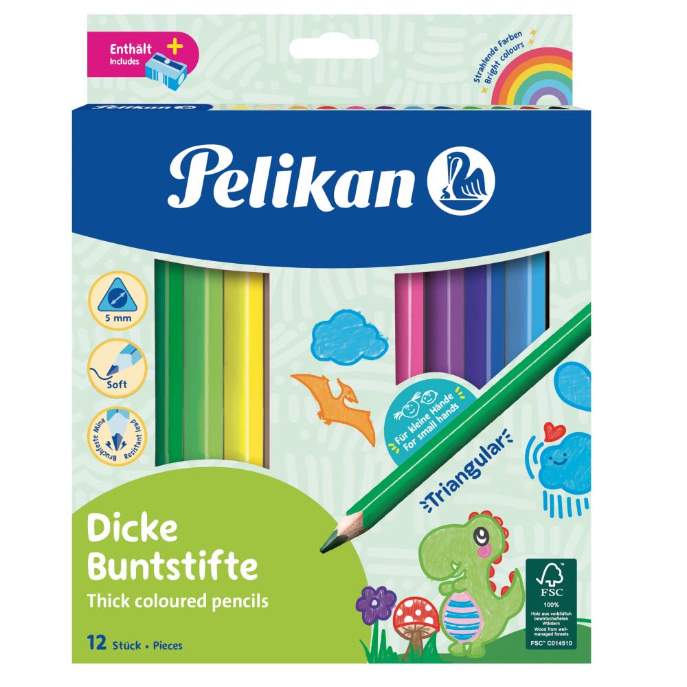 Pelikan 700160 Jumbo Triangular Colouring Pencils, Pack of 12 with Sharpener, FSC