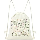 MOSITU Small Floral Drawstring Backpack - Cute Flower Cotton Canvas Backpack for Women - Gift, Sport, Gym, Beach, Travel