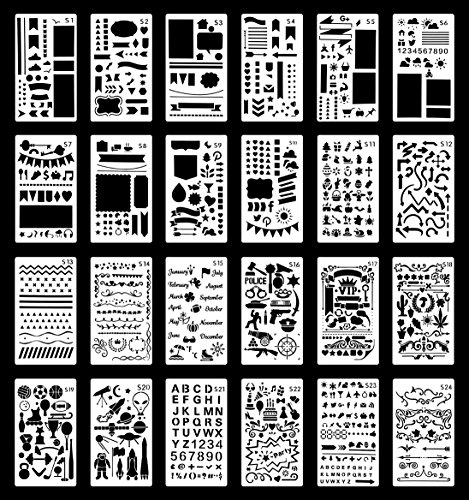 Wanderings Bullet Journal Stencil Set | Reusable Plastic Stencils for Journaling, Painting, Scrapbooking, Diary, Arts, Crafts | 24 Templates | Numbers, Letters, Shapes, Patterns, Borders | 4x7