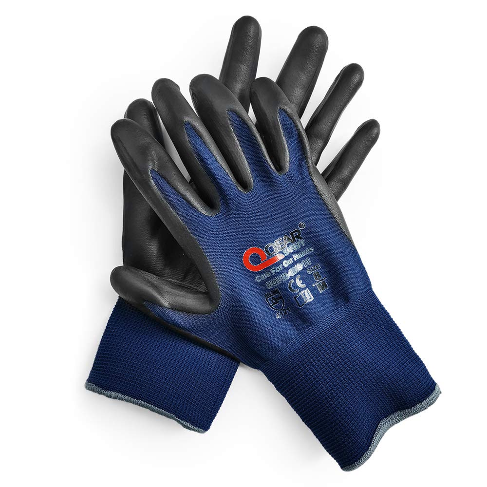 QEARSAFETY 3 Prs Navy Blue Screen-Touch Work Safety Gloves, Foam Breathable Nitrile Rubber Palm Coated, Knitted Quality Liner