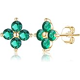 Reffeer Solid 925 Sterling Silver Green CZ Clover Flower Stud Earrings for Women Teen Girls Crystal Flower Earrings Studs for Spring