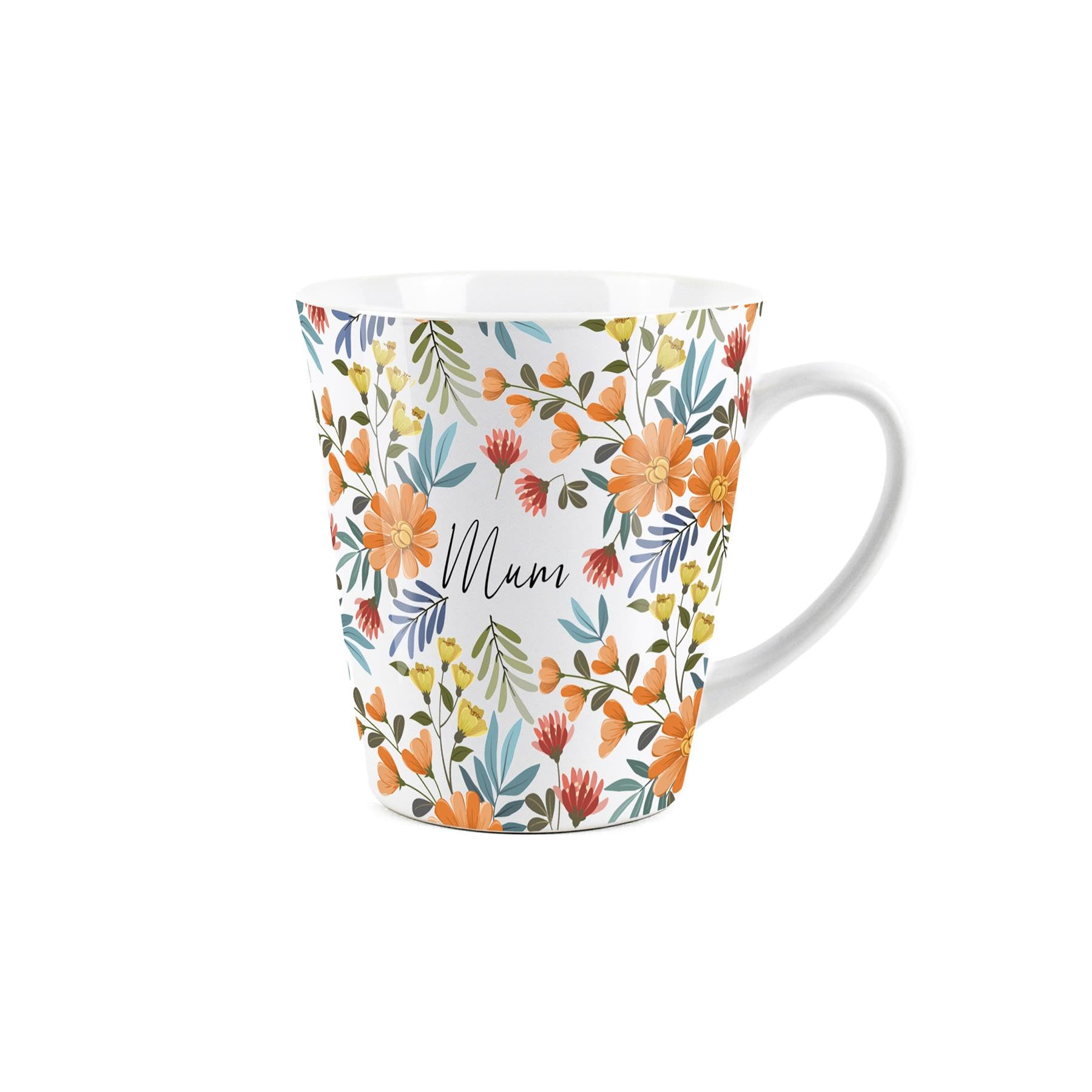 Mum Gift Mug - Orange Flowers Design Small Latte Mug - Ceramic White Tea/Coffee Present Gift