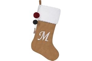 Pxniy 19.5 inches Personalized Velvet Christmas Stocking,Initials Embroidered Letter Christmas Stocking with pom poms, for Fireplace Hanging Decor and Xmas Gift(Gold M)