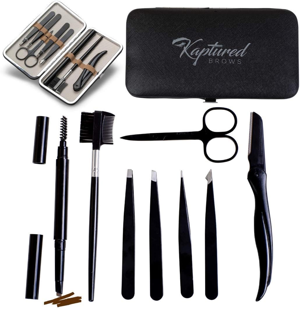 KAPTURED Eyebrow Kit, Professional 8 pc Eyebrow Grooming Kit for Women With Travel Case, Eyebrow Razor, Tweezers, Scissors, Eyebrow Comb and Brush, Brown Eyebrow Pen: Home Improvement