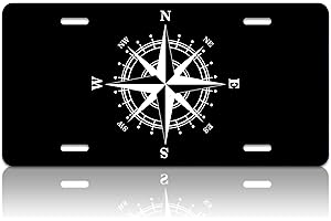 LOISTAVA Black and White Compass Symbol Car Front License Plate Funny Adventure Compass Rose Personalise License Plate Car Plates Tag Stainless Steel Novelty Decor 12.2" x 6.2"