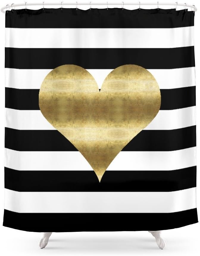 Cloud Dream Gold Heart Black and White Stripe Pattern Bathroom Decor Shower Curtain, Happy Valentine's Day Waterproof Bath Curtain with Hooks 72 x 72-Inch