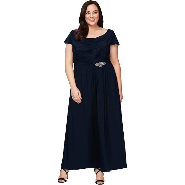 Amazon.com: Alex Evenings Women's Long Mesh Dress with Portrait Collar and  Embellished Hip Detail, Navy : Clothing, Shoes & Jewelry