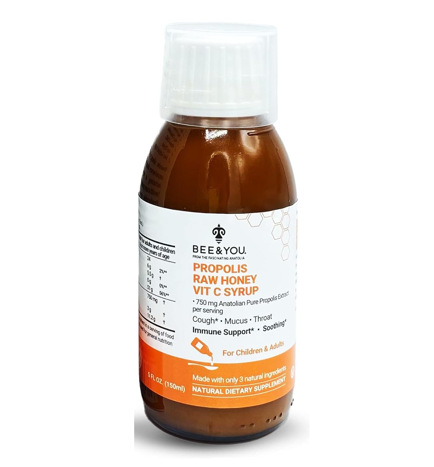 BEE and You Propolis Cough Syrup with Vitamin C, Honey - Natural Immune Support & Sore Throat Relief Antioxidants, for Children & Adults, 5 Fl Oz (Cough Syrup)
