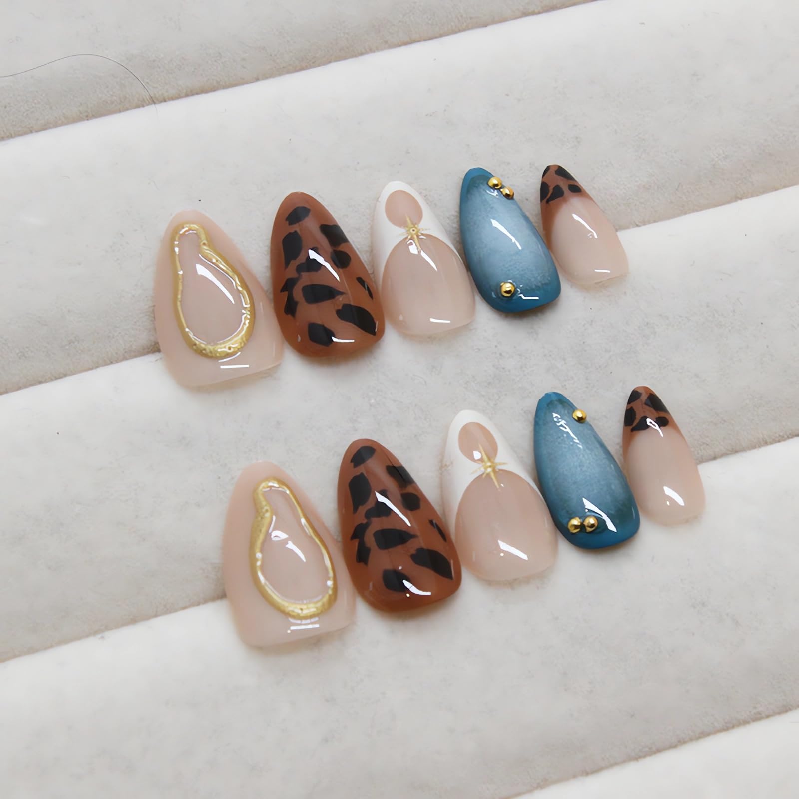 Almond Press on Nails Medium Leopard French Tip With Stars Design Gold Blue Artificial 3D Full Cover Acrylic Glue on Ombre Stick on for Women - Image 6