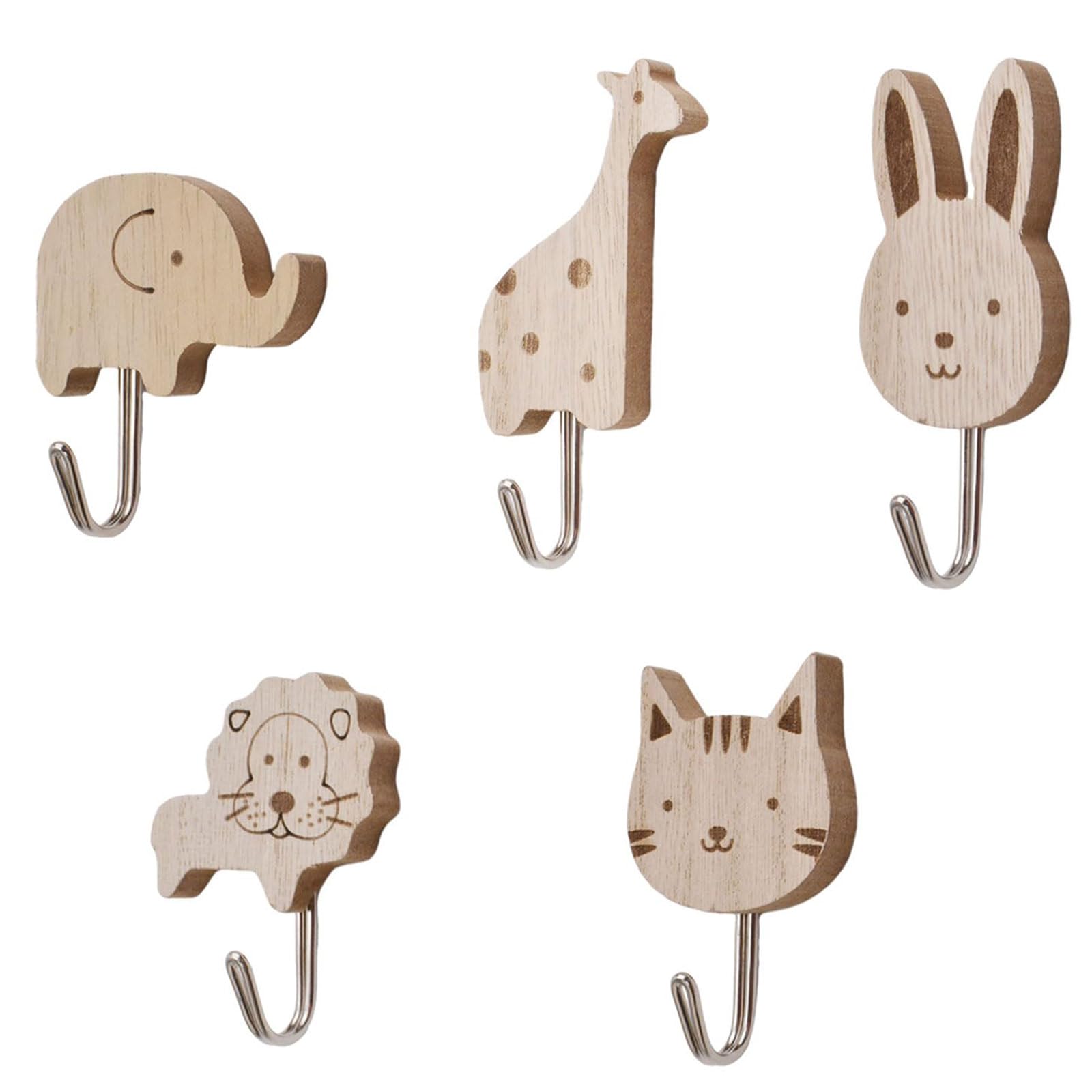 Wooden Animal Wall Hooks - 5pcs Animal Theme Decorations - Cats, Lions, Rabbits, Giraffes, Elephant Shapes - Kids Room, Nursery, Bedroom Decor