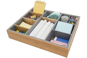 Hitseon Bamboo Desk Drawer Organizer Tray, Silicone Junk Drawer Organizer with 10 Adjustable Compartments, Sturdy Desk Organizers and Accessories with 4 Removable Dividers for Office Home (Gray)
