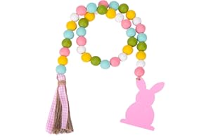 ONCOFAN Easter Wood Bead Garland, Pink Bunny Spring Wood Beads Garland with Tassel, Wooden Beaded Easter Boho Decor Farmhouse Rustic Hanging Decorations for Home Room Wall Tiered Tray Shelf, 28.5"