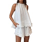 Xfileen Womens Ruffle Pajama Set Cotton 2 Piece Sets Summer Sleeveless Lace Trim Top and Shorts