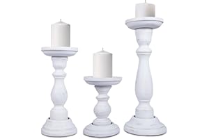 Mela Artisans Shabby White Hand Carved Wooden Pillar Candle Holders - Set of 3 | Tuli Decorative Style | Crafted from Mango Wood | Rustic Table Centerpiece Decor | Sized 6", 9" and 12"