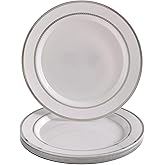 Ritz Collection White Round Plastic Dinner Plates with Silver Rim - 10.25" (Pack of 10) - Perfect for Weddings, Engagements, Birthday Parties & More