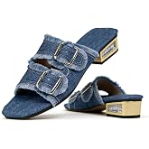 OXNGDMDM Women's Block Heel Denim Slides Sandals Fashion Two Buckle Strap Slip On Non Slip Square Round Toe Low Heel outdoor Walking Work Sandals for Vacation Daily Wear