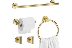 Brushed Gold Bathroom Hardware Set 5-Piece Towel Bar Set with 23.6 Inch Round Stainless Steel Towel Bar Wall Mounted