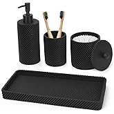 Black Bathroom Accessories Set 4 Pcs - Toothbrush Holder,Lotion Soap Dispenser,Qtip Holder Dispenser,Vanity Tray for Countertop Vanity Organizer,Bathroom Accessory Set