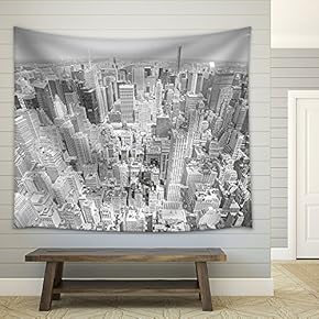 Black and White Toned Aerial View of Manhattan, New York City, USA. - Fabric Wall Tapestry Home Decor - 51x60 inches