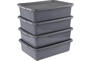 Jekiyo 13 L Plastic Bus Tray with Lid, 4 Pack Bus Tub Box, Grey