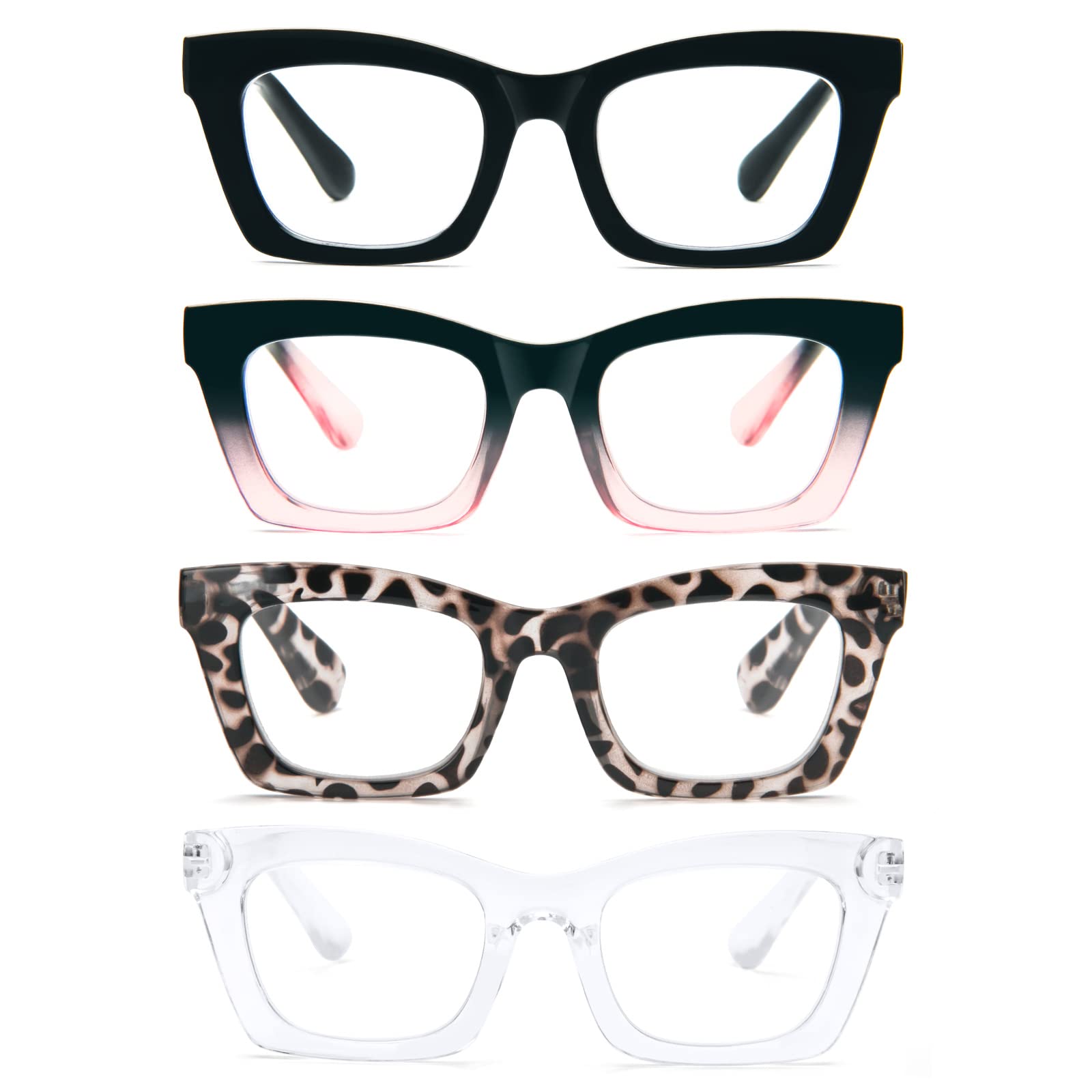 Photo 1 of prtcslwd 4 Pack Reading Glasses for Women Oprah Style Oversized Square Spring Hinge Blue Light Blocking Glasses (4pcs-Black/WhiteTortoiseshell/Transparent/Blackpink, 1.00, multiplier_x)