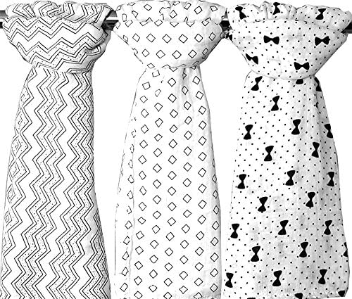 Bamboo Muslin Swaddle Baby Blankets Set of 3 - Organic X-Large Hypoallergenic - 3 Black and White Unisex Designs