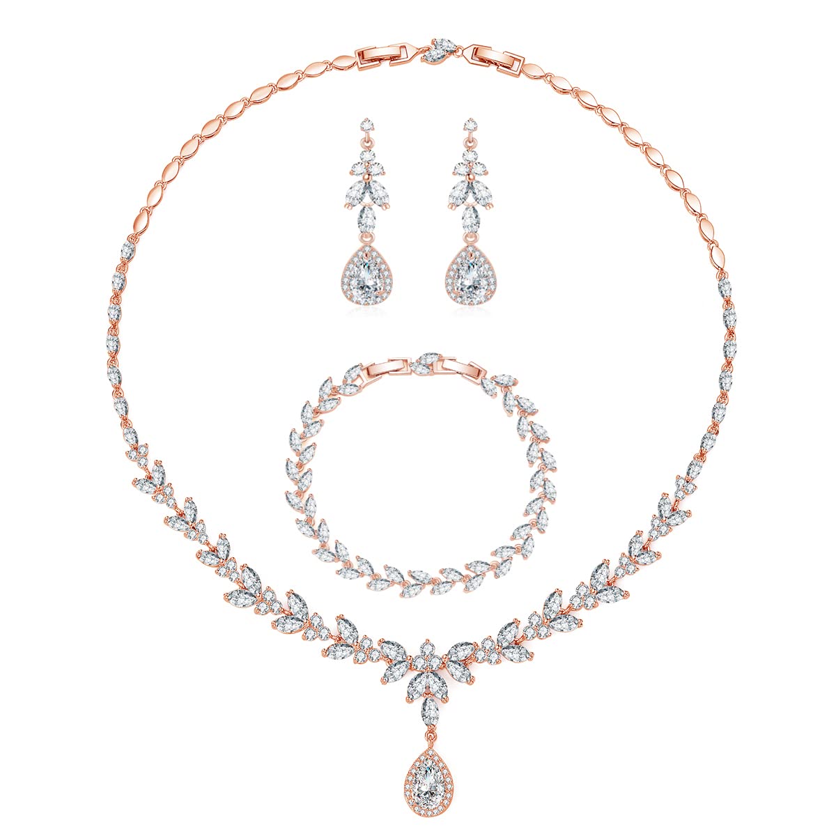 Kamise Wedding Jewellery Set for Women, Silver Bride Engagememt Jewellery Sets, Sparkle AAAAA Cubic Zirconia Necklace & Earrings & Bracelet Set, Rose Gold Flower Jewellery Sets for Wedding Party Event