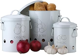G.a HOMEFAVOR Vorratsbehälter Set, Kartoffel-Vorratsdose, Metall Obst- und Gemüsekorb Zwiebel Knoblauchbehälter Kartoffeltopf Gemüsekorb für Küche Aufbewahrung, 3er-Set