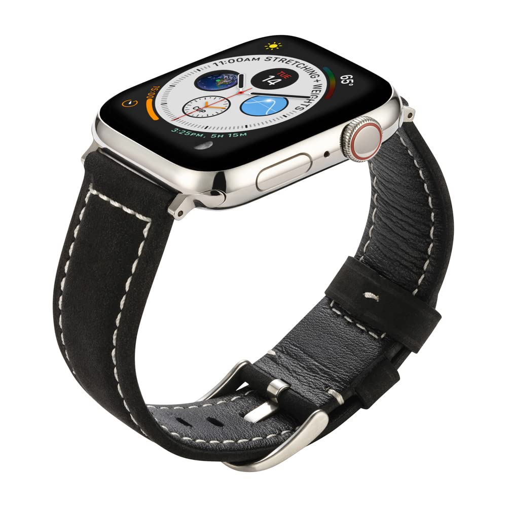 Buckle & Band Mila Suede Leather Compatible Apple Watch Strap Black Genuine Leather Suede Band with Silver Buckle for Series 1, 2, 3, 4, 5, 6, 7 38mm, 40mm, 41mm