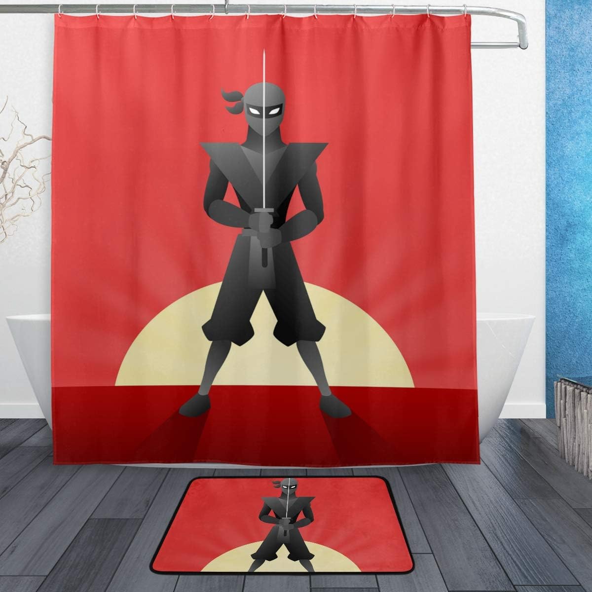 ANINILY Colorful Ninja Warrior Polyester Fabric Bathroom Shower Curtain 66 x 72 inch with Hooks Painting Modern Bathroom Doormat Rug 23.6 x 15.7 inch