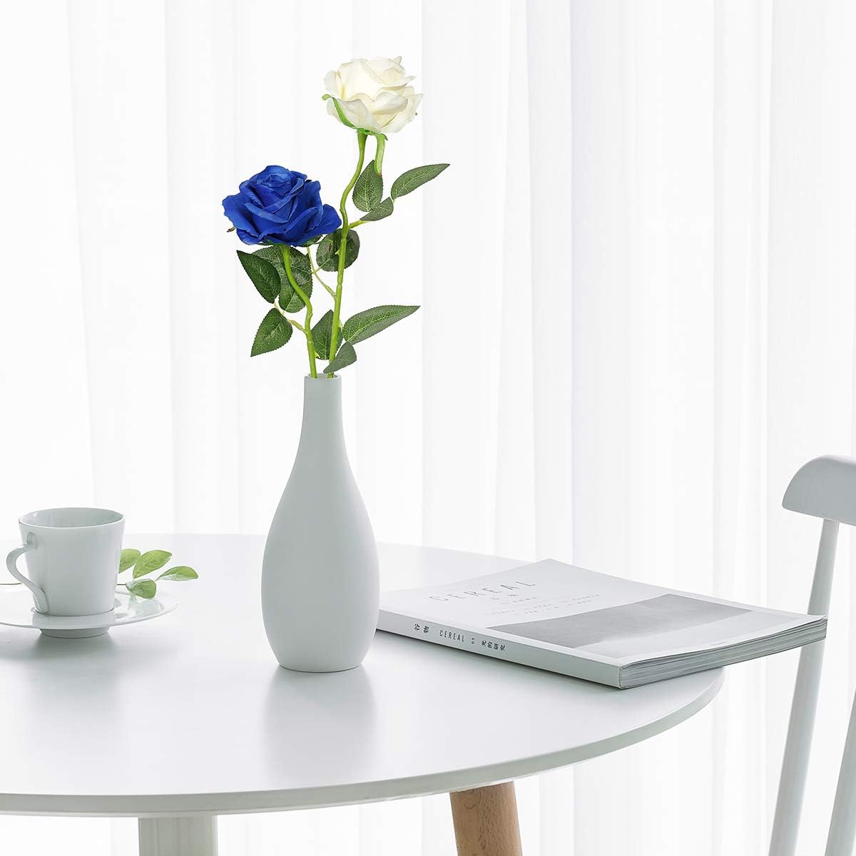 Floralsecret 12 Pcs Artificial Silk Rose Flower Bouquet Faux Flowers(White&Blue), 10.16 cm x 50.8 cm x 8.89 cm - Image 5