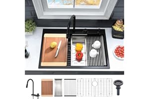 33 Inch Black Drop In Waterfall Kitchen Sink Workstation-VASOYO 33x19 Drop In Kitchen Sink with Faucet Quartz Composite Kitchen Sink Multifunction Single Bowl Deep Kitchen Sink with Faucet