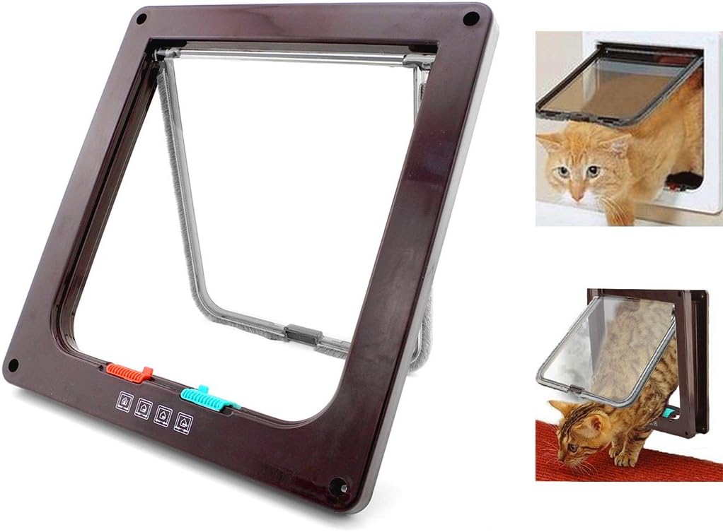 XIAOYU Interior 4 Ways Locking Cat Dog Door & Flaps, Brown, Small