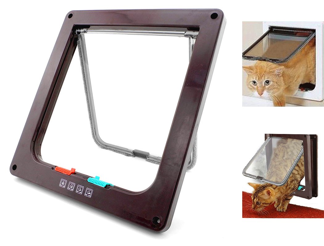 XIAOYU Interior 4 Ways Locking Cat Dog Door & Flaps, Brown, Small