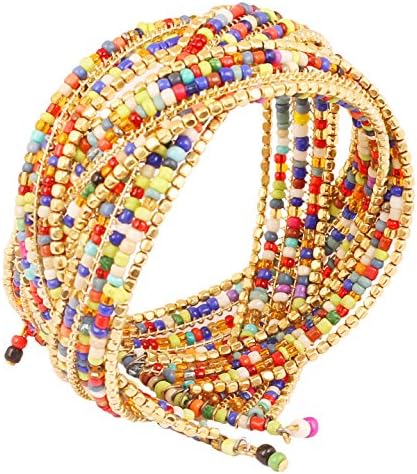 Sunsoul Bohemian Cuff Bracelet - African Inspired - Golden Beaten Beads and Multi Color Glass Beads in Antique Gold Tone for Women