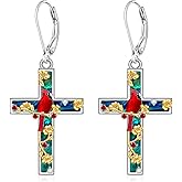 Red Cardinal Gifts for Women Cardinal Earrings Loss of Loved One Abalone Sterling Silver Cross Earrings Dangle Christmas Jewelry Memorial Gift