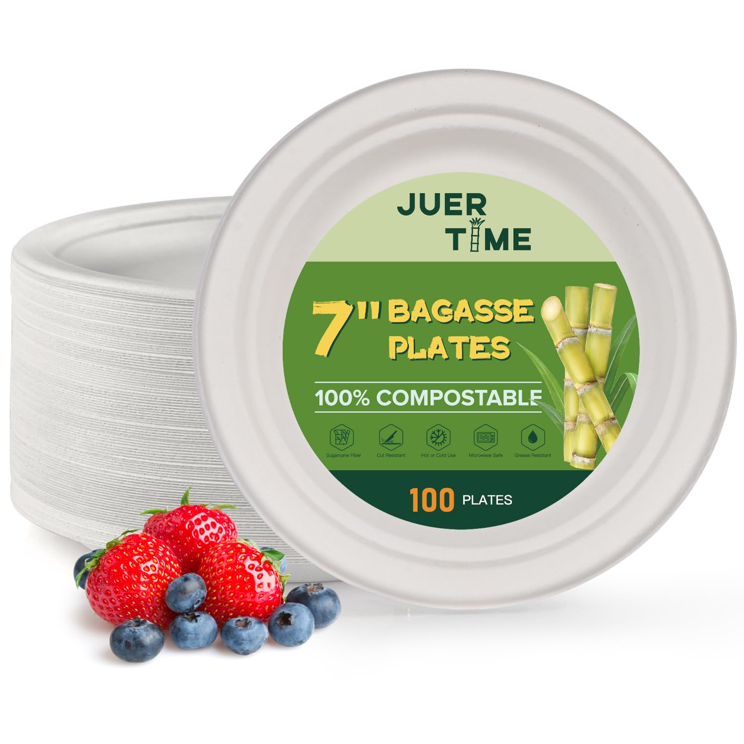 Juertime Heavy Duty Paper Plates 7 inch - 100 Pack Bagasse Strong Disposable Plates - Eco-Friendly, Compostable, Biodegradable - Perfect for Appetizers and Desserts