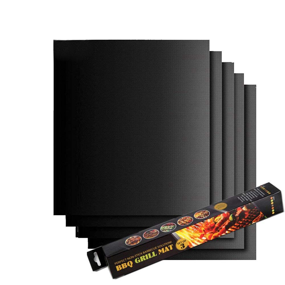 WISHPOOL Grill Mat Set of 5 - Non Stick Reusable Heavy Duty BBQ Grill&Baking Mats - Works on Gas, Charcoal, Electric Grills (Black)