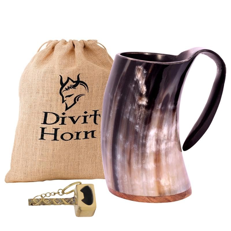 Divit Horn Genuine Viking Drinking Horn Mug | Authentic Medieval Beer Horn Tankard 24 oz (700 ml) Capacity | Natural Horn Cup/Stein Natural Mug with Brass Hammer Opener
