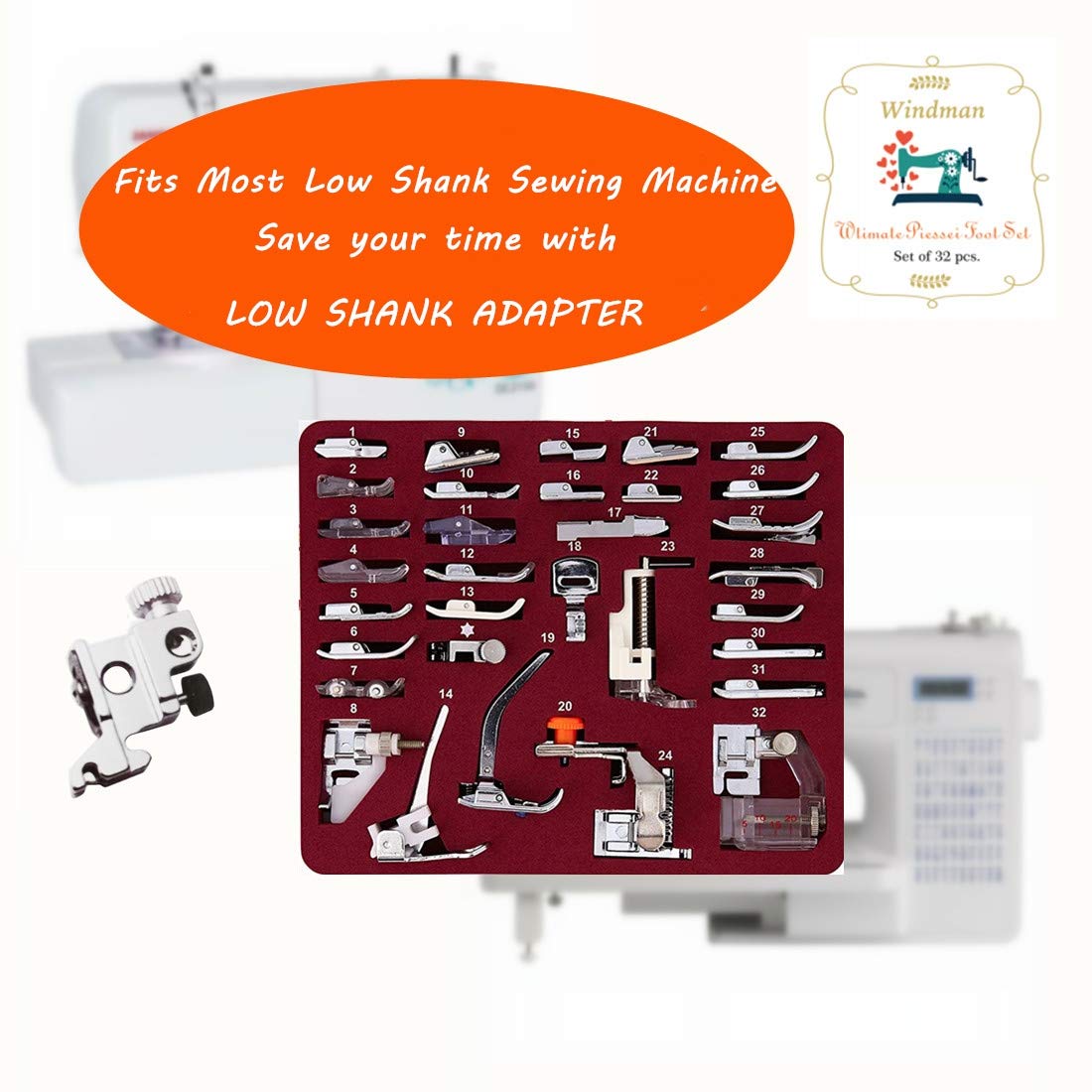 Windman 32Pcs Sewing Machine Presser Feet Set Include Instructions and Deluxe Package for Brother Singer Janome Babylock Low Shank Sewing Machine Use