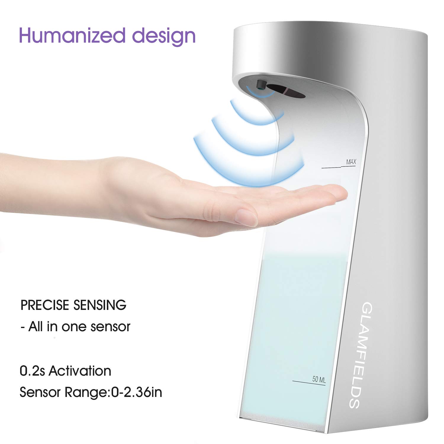 GLAMFIELDS Soap Dispenser Upgraded 13.5oz/400ml Touchless Automatic Soap Dispenser Hands-Free Liquid Dish Soap Dispenser, IPX4 Waterproof for Kitchen Bathroom (Silver)