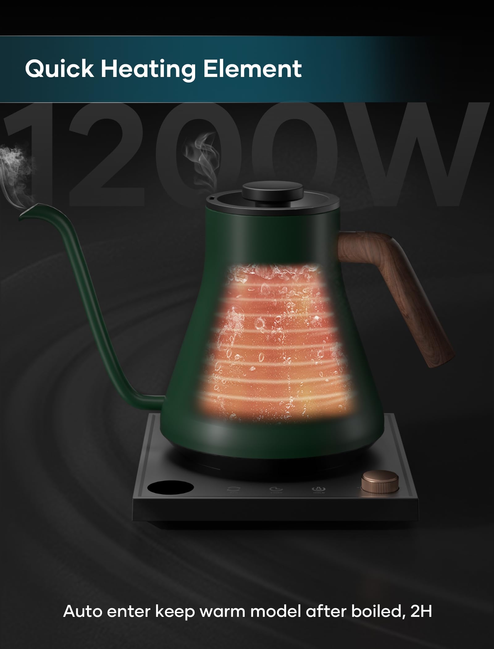 INTASTING Hervidores eléctricos, hervidor eléctrico de cuello de cisne, control de temperatura ±1 ℉, interior de acero inoxidable, calentamiento rápido, para verter sobre café, preparar té, hervir agua caliente, 0,9 L verde cazador