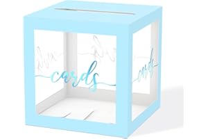 JCTHKUKU Clear Card Box for Party, 8.7" Blue Gold Foil Gift Cards Receiving Box Holder for Wedding, Bridal Shower, Graduation, Birthday, Retirement, Baby Shower, Anniversaries Party Decorations ( Blue )