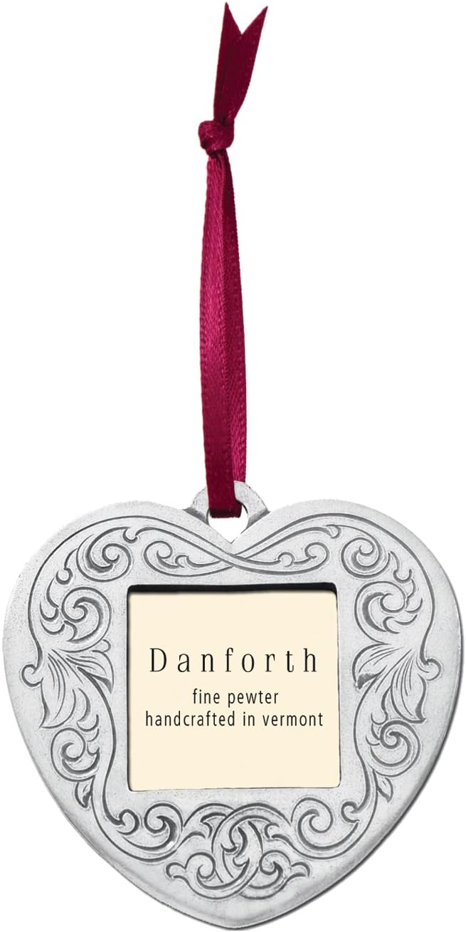 DANFORTH - Victorian Heart Pewter Frame Ornament - Satin Ribbon - Handcrafted
